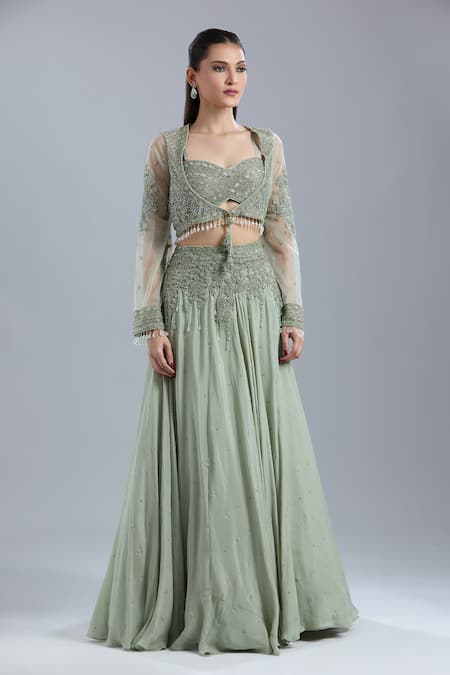 Buy_Samyukta Singhania_Green Net, Chinon Embroidery, Beads, Sequins Open Neck, Jacket Skirt Set 
