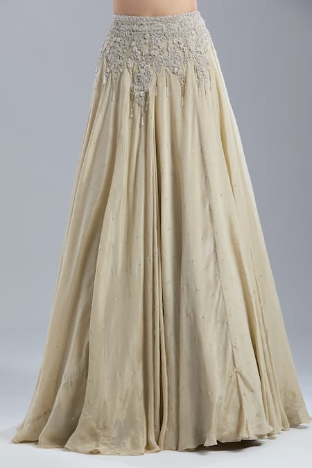 Samyukta Singhania_Cream Net, Chinon Embroidery, Beads, Sequins, Zari Open Neck, Jacket Skirt Set _Online_at_Aza_Fashions