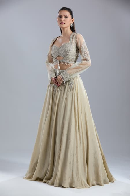 Buy_Samyukta Singhania_Cream Net, Chinon Embroidery, Beads, Sequins, Zari Open Neck, Jacket Skirt Set _Online_at_Aza_Fashions