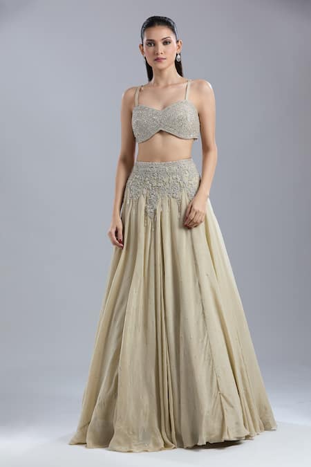 Shop_Samyukta Singhania_Cream Net, Chinon Embroidery, Beads, Sequins, Zari Open Neck, Jacket Skirt Set _Online_at_Aza_Fashions