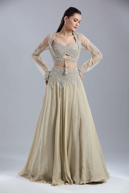 Buy_Samyukta Singhania_Cream Net, Chinon Embroidery, Beads, Sequins, Zari Open Neck, Jacket Skirt Set 