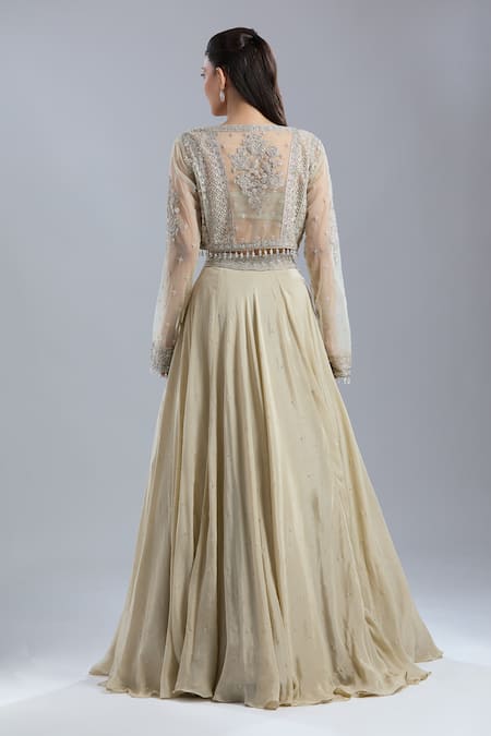 Shop_Samyukta Singhania_Cream Net, Chinon Embroidery, Beads, Sequins, Zari Open Neck, Jacket Skirt Set _at_Aza_Fashions