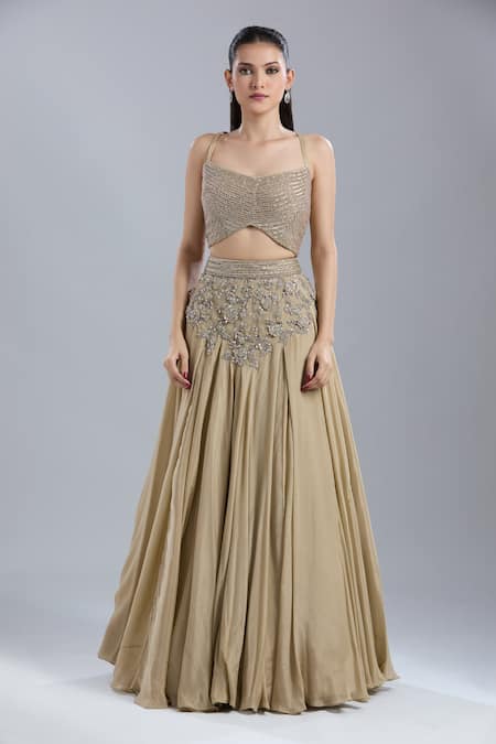 Samyukta Singhania Beige Net, Chinon Embroidery, Sequins, Beads Open Neck, Jacket Skirt Set Online at Aza Fashions Samyukta Singhania_Beige Net, Chinon Embroidery, Sequins, Beads Open Neck, Jacket Skirt Set _Online_at_Aza_Fashions