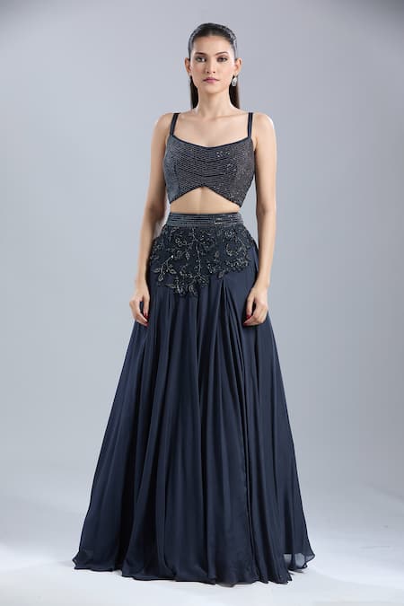 Samyukta Singhania_Blue Net, Chinon Beads, Sequins, Embroidery Square Neck, Scoop Jacket Skirt Set _Online_at_Aza_Fashions