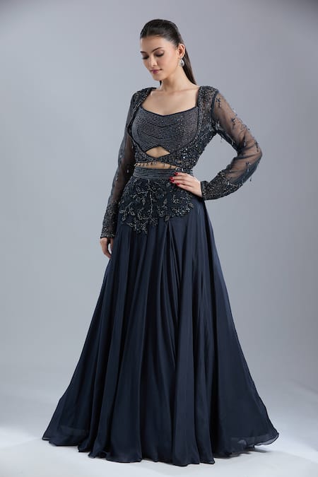 Buy_Samyukta Singhania_Blue Net, Chinon Beads, Sequins, Embroidery Square Neck, Scoop Jacket Skirt Set _Online_at_Aza_Fashions