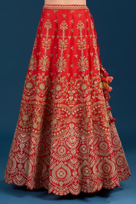Buy_Samyukta Singhania_Orange Silk, Net Embroidery, Zari Leaf Neck Zardozi Bridal Lehenga Set _Online_at_Aza_Fashions