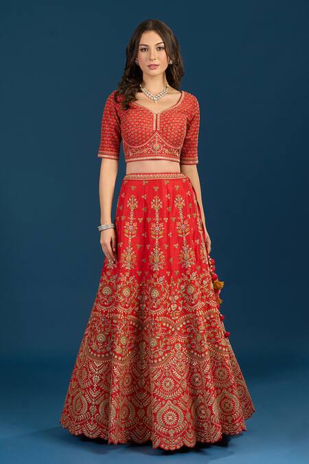 Shop_Samyukta Singhania_Orange Silk, Net Embroidery, Zari Leaf Neck Zardozi Bridal Lehenga Set _Online_at_Aza_Fashions