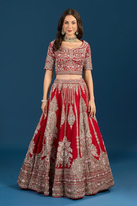 Buy_Samyukta Singhania_Red Dupion, Net Zari, Embroidery Leaf Neck Bridal Lehenga Set _Online_at_Aza_Fashions
