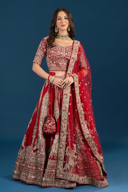 Samyukta Singhania Red Zari Embroidered Bridal Lehenga Set 
