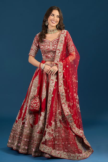 Shop_Samyukta Singhania_Red Dupion, Net Zari, Embroidery Leaf Neck Bridal Lehenga Set _Online_at_Aza_Fashions
