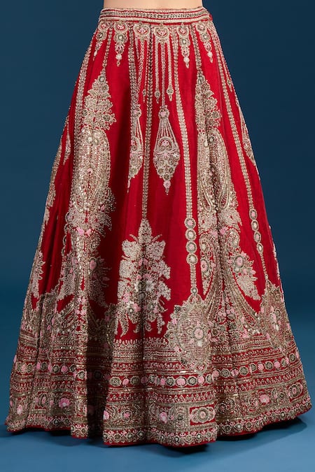 Samyukta Singhania_Red Dupion, Net Zari, Embroidery Leaf Neck Bridal Lehenga Set _at_Aza_Fashions