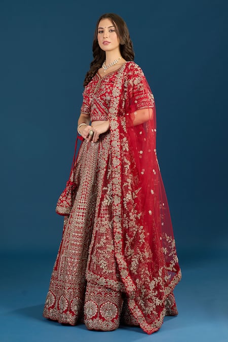 Samyukta Singhania_Red Dupion, Silk, Net Embroidery, Zari, Tassels V-neck Hand Bridal Lehenga Set _Online_at_Aza_Fashions