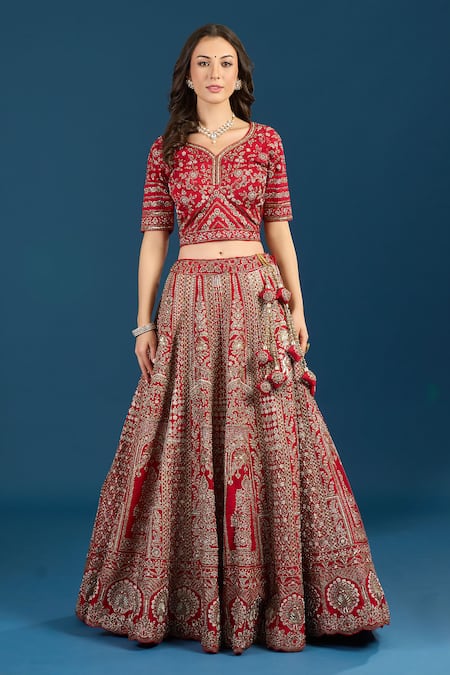 Buy_Samyukta Singhania_Red Dupion, Silk, Net Embroidery, Zari, Tassels V-neck Hand Bridal Lehenga Set _Online_at_Aza_Fashions