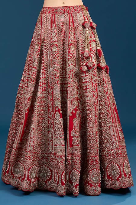 Shop_Samyukta Singhania_Red Dupion, Silk, Net Embroidery, Zari, Tassels V-neck Hand Bridal Lehenga Set _Online_at_Aza_Fashions