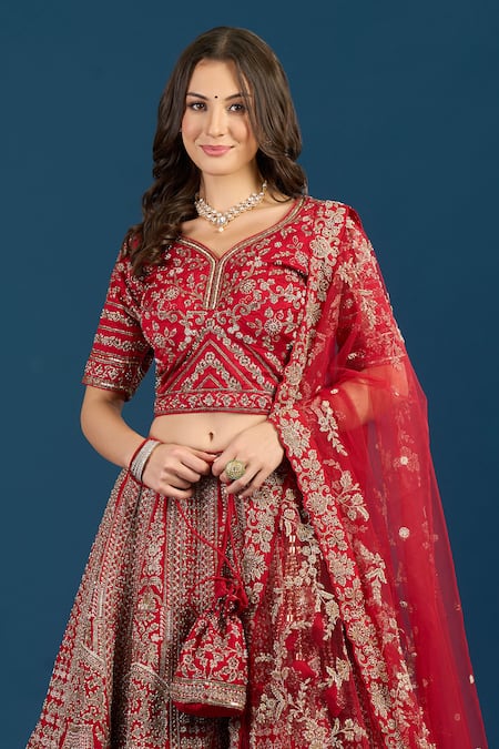 Samyukta Singhania_Red Dupion, Silk, Net Embroidery, Zari, Tassels V-neck Hand Bridal Lehenga Set _at_Aza_Fashions