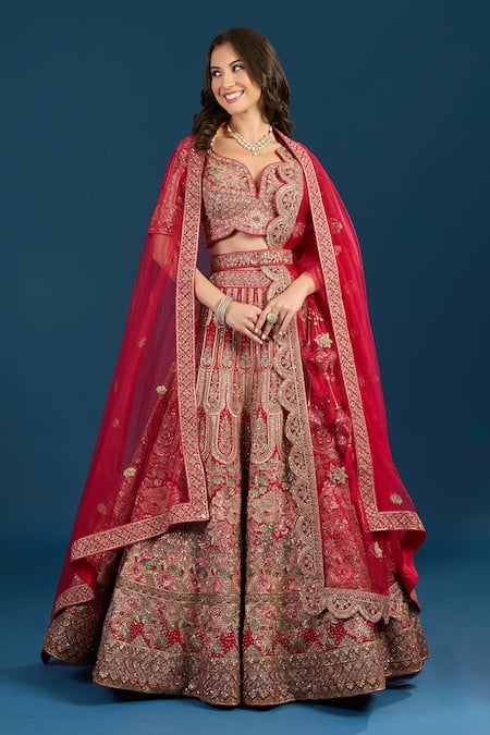 Samyukta Singhania_Red Silk, Net Embroidery, Sequins, Zari, Tassels Leaf Neck Bridal Lehenga Set _Online_at_Aza_Fashions