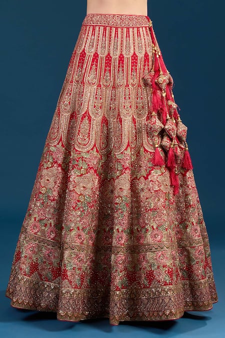 Shop_Samyukta Singhania_Red Silk, Net Embroidery, Sequins, Zari, Tassels Leaf Neck Bridal Lehenga Set _Online_at_Aza_Fashions