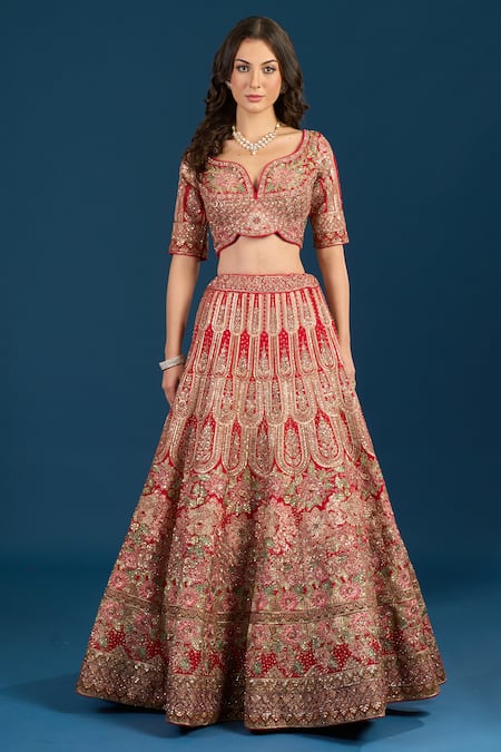Samyukta Singhania_Red Silk, Net Embroidery, Sequins, Zari, Tassels Leaf Neck Bridal Lehenga Set _at_Aza_Fashions
