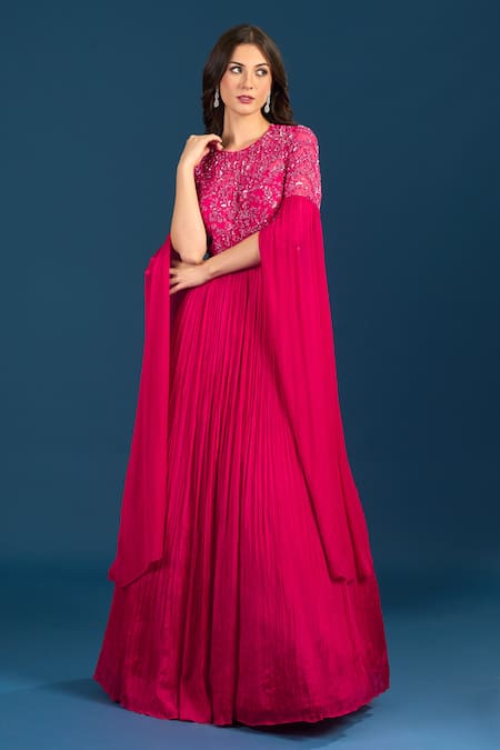 Buy_Samyukta Singhania_Fuchsia Chiffon Sequins, Embroidery Round Neck Fuschia Pink Anarkali _Online_at_Aza_Fashions