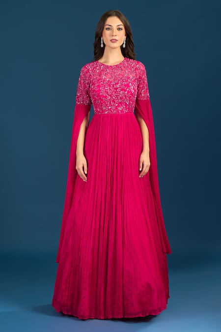 Samyukta Singhania_Fuchsia Chiffon Sequins, Embroidery Round Neck Fuschia Pink Anarkali _at_Aza_Fashions