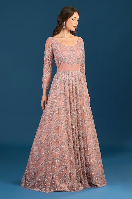 Samyukta Singhania_Peach Net Beads, Sequins Scoop Neck Embroidered Gown _Online_at_Aza_Fashions