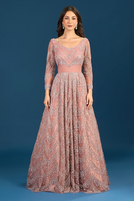 Buy_Samyukta Singhania_Peach Net Beads, Sequins Scoop Neck Embroidered Gown _Online_at_Aza_Fashions