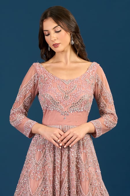 Shop_Samyukta Singhania_Peach Net Beads, Sequins Scoop Neck Embroidered Gown _Online_at_Aza_Fashions