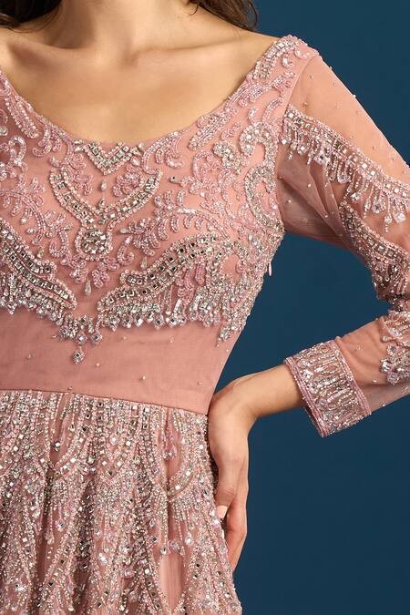 Samyukta Singhania_Peach Net Beads, Sequins Scoop Neck Embroidered Gown _at_Aza_Fashions