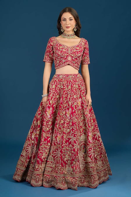 Samyukta Singhania_Pink Silk, Net Embroidery, Zari, Sequins Leaf Neck Bridal Lehenga Set _Online_at_Aza_Fashions