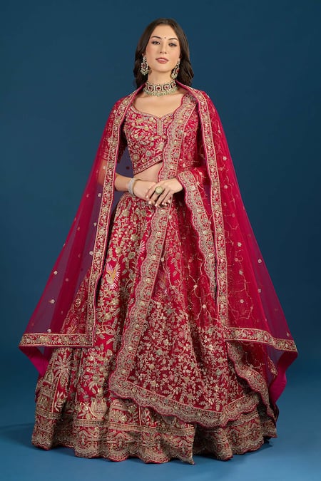 Buy_Samyukta Singhania_Pink Silk, Net Embroidery, Zari, Sequins Leaf Neck Bridal Lehenga Set _Online_at_Aza_Fashions