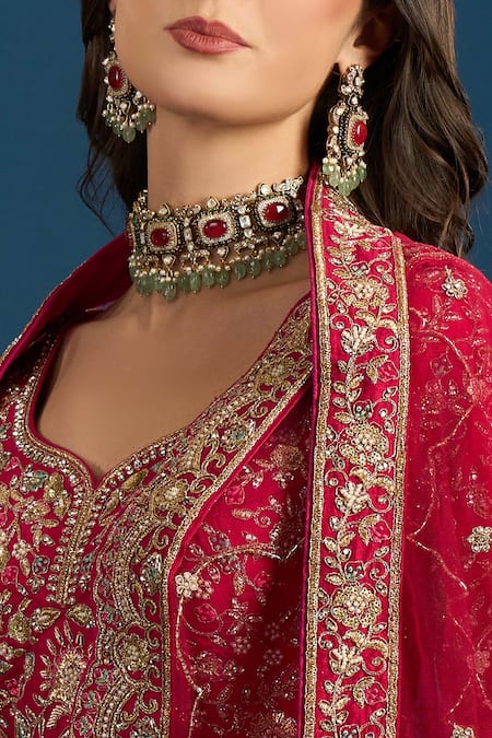 Shop_Samyukta Singhania_Pink Silk, Net Embroidery, Zari, Sequins Leaf Neck Bridal Lehenga Set _Online_at_Aza_Fashions