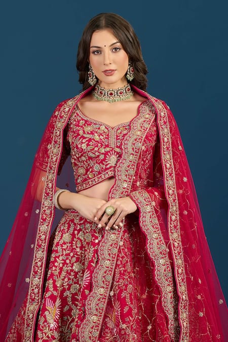 Samyukta Singhania_Pink Silk, Net Embroidery, Zari, Sequins Leaf Neck Bridal Lehenga Set _at_Aza_Fashions