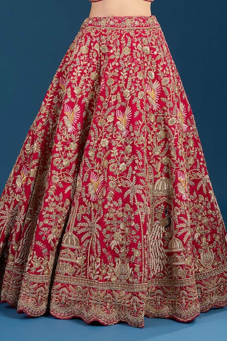 Buy_Samyukta Singhania_Pink Silk, Net Embroidery, Zari, Sequins Leaf Neck Bridal Lehenga Set 