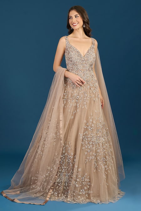Samyukta Singhania Beige Net Embroidery, Sequins, Beads V-neck Dark Gown Online at Aza Fashions Samyukta Singhania_Beige Net Embroidery, Sequins, Beads V-neck Dark Gown _Online_at_Aza_Fashions