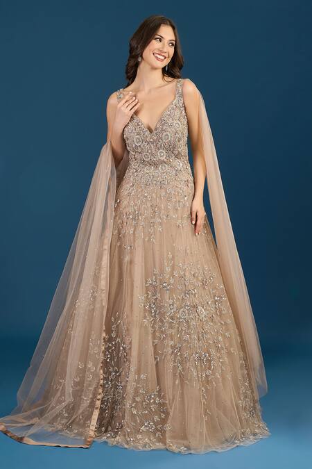 Buy Samyukta Singhania Beige Net Embroidery, Sequins, Beads V-neck Dark Gown Online at Aza Fashions Buy_Samyukta Singhania_Beige Net Embroidery, Sequins, Beads V-neck Dark Gown _Online_at_Aza_Fashions