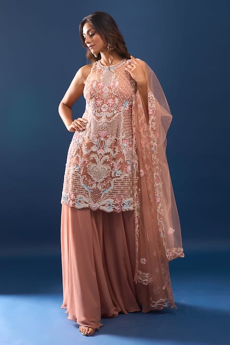 Buy Azeera Peach Net Embroidery, Zari Round Neck Kurta Sharara Set Online at Aza Fashions Buy_Azeera_Peach Net Embroidery, Zari Round Neck Kurta Sharara Set _Online_at_Aza_Fashions