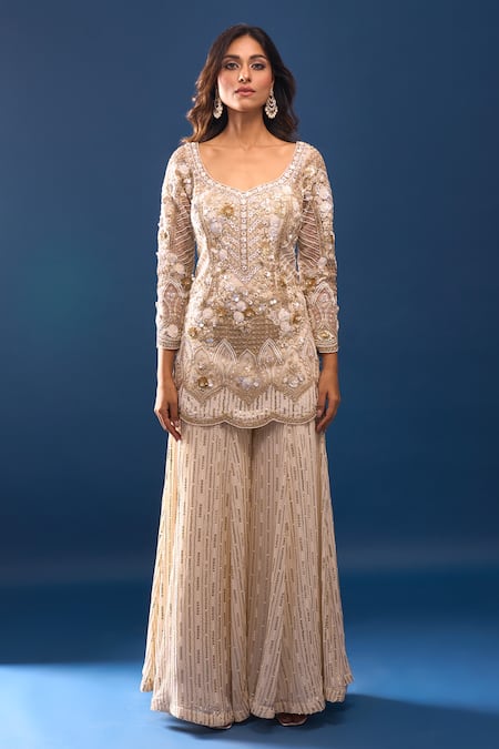 Azeera Ivory Net Embroidery, Sequins, Beads, Zari Leaf Neck Kurta Sharara Set Online at Aza Fashions Azeera_Ivory Net Embroidery, Sequins, Beads, Zari Leaf Neck Kurta Sharara Set _Online_at_Aza_Fashions