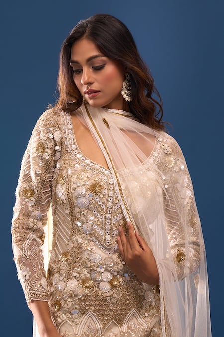 Azeera Ivory Net Embroidery, Sequins, Beads, Zari Leaf Neck Kurta Sharara Set at Aza Fashions Azeera_Ivory Net Embroidery, Sequins, Beads, Zari Leaf Neck Kurta Sharara Set _at_Aza_Fashions