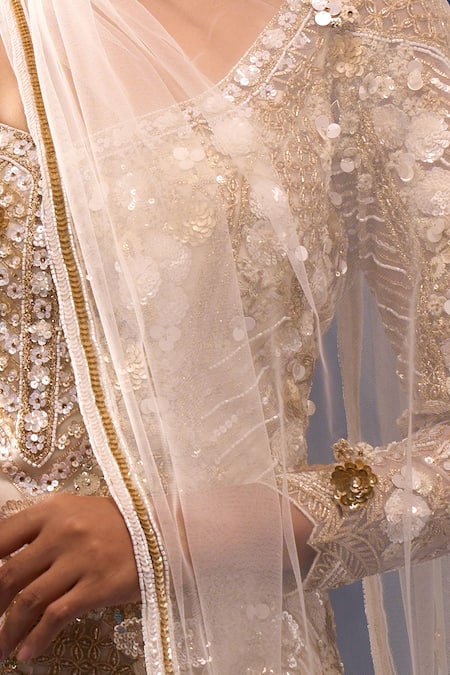 Buy Azeera Ivory Net Embroidery, Sequins, Beads, Zari Leaf Neck Kurta Sharara Set Buy_Azeera_Ivory Net Embroidery, Sequins, Beads, Zari Leaf Neck Kurta Sharara Set
