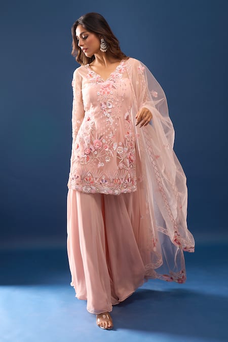 Buy Azeera Pink Embroidery, Sequins V-neck Kurta Set Online at Aza Fashions Buy_Azeera_Pink Embroidery, Sequins V-neck Kurta Set _Online_at_Aza_Fashions