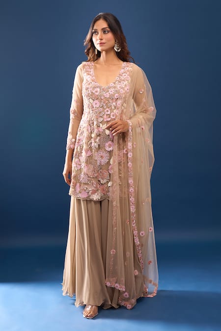 Azeera Taupe Embroidery, Sequins V-neck Floral Kurta Sharara Set Online at Aza Fashions Azeera_Taupe Embroidery, Sequins V-neck Floral Kurta Sharara Set _Online_at_Aza_Fashions