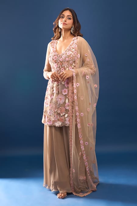 Shop Azeera Taupe Embroidery, Sequins V-neck Floral Kurta Sharara Set Online at Aza Fashions Shop_Azeera_Taupe Embroidery, Sequins V-neck Floral Kurta Sharara Set _Online_at_Aza_Fashions