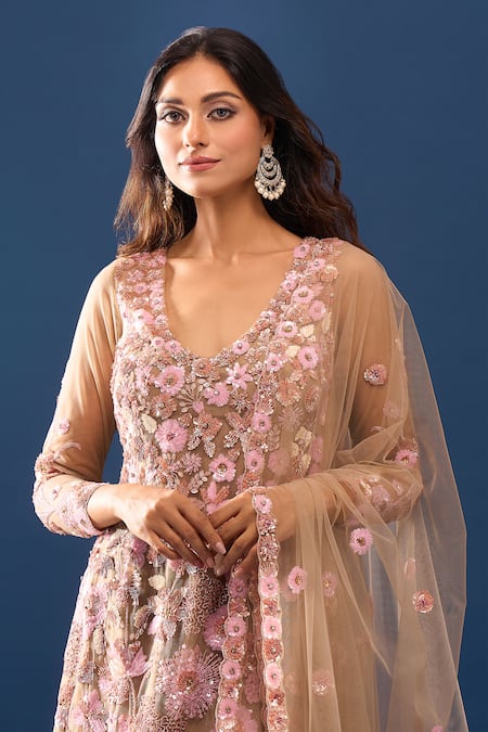 Azeera Taupe Embroidery, Sequins V-neck Floral Kurta Sharara Set at Aza Fashions Azeera_Taupe Embroidery, Sequins V-neck Floral Kurta Sharara Set _at_Aza_Fashions