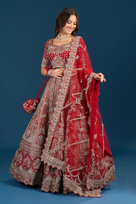 Samyukta Singhania_Red Silk, Net Embroidery, Sequins, Zari Leaf Zardozi Hand Bridal Lehenga Set _Online_at_Aza_Fashions