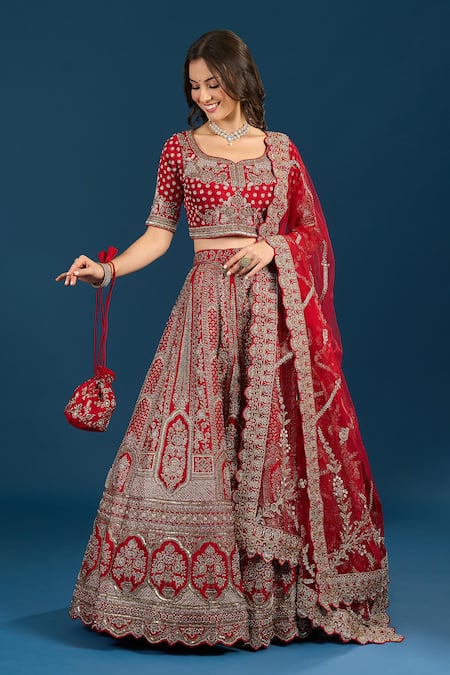 Buy_Samyukta Singhania_Red Silk, Net Embroidery, Sequins, Zari Leaf Zardozi Hand Bridal Lehenga Set _Online_at_Aza_Fashions