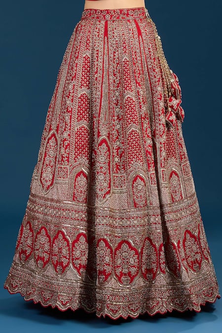 Samyukta Singhania_Red Silk, Net Embroidery, Sequins, Zari Leaf Zardozi Hand Bridal Lehenga Set _at_Aza_Fashions
