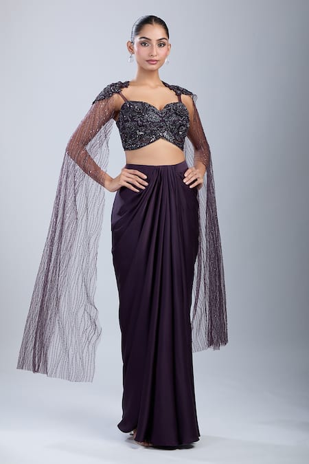 Samyukta Singhania Embroidered Cape Blouse With Draped Skirt 