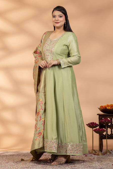 Mamicha_Green Silk Embroidery, Sequins, Foil Emerald Grace Anarkali With Dupatta _Online_at_Aza_Fashions