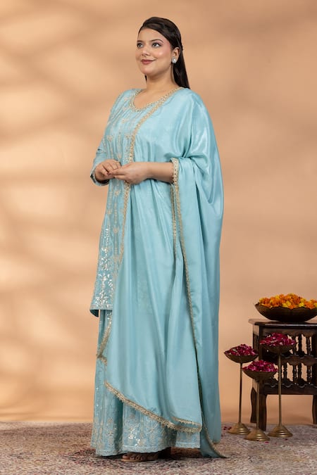 Mamicha_Aqua Chiffon Embroidery, Sequins, Lace, Zari V-neck Kurta Set _Online_at_Aza_Fashions