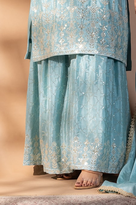 Shop_Mamicha_Aqua Chiffon Embroidery, Sequins, Lace, Zari V-neck Kurta Set _Online_at_Aza_Fashions
